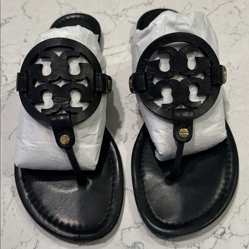 Tory Burch Black Miller Sandals Leather Size 8 1/2